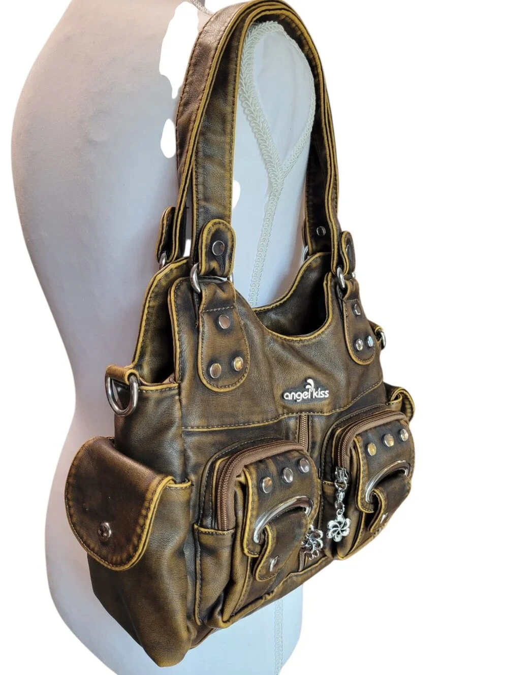 Angel Kiss Brown Faux Leather Multi Pocket Shoulder Bag Purse